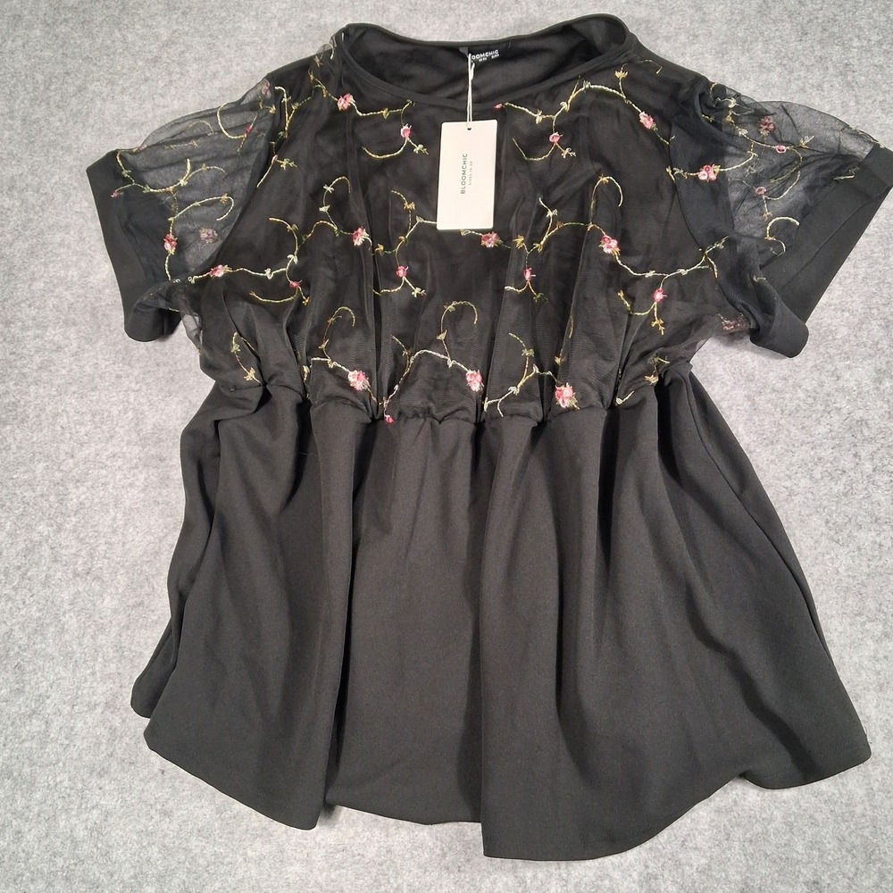 Bloomchic Blouse‎ Womens Plus Size 26 Black Floral Embroidered Mesh Babydoll Top
